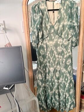 ba&sh Green and Cream Ikat Midi Dress